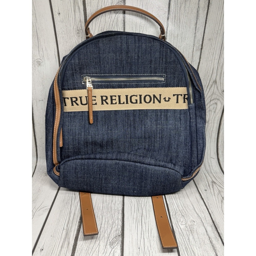 True Religion Backpack Denim Blue Tan Canvas Logo Brown Trim Casual Bag Unisex